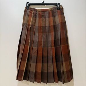 Vintage Italian Wool Alpaca Plaid Pleated Midi Brown Skirt